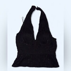 Cache Black Halter Top Pleated Shimmer Blouse Size 10 NWT